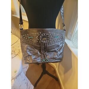 Studded Brown Leather Western Fringe Handbag Purse Turquoise Beads Cowgirl Rodeo